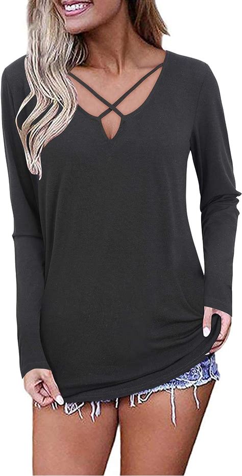 Votepretty Womens Long Sleeve Tunic Tops V Neck Criss Cross T Shirt