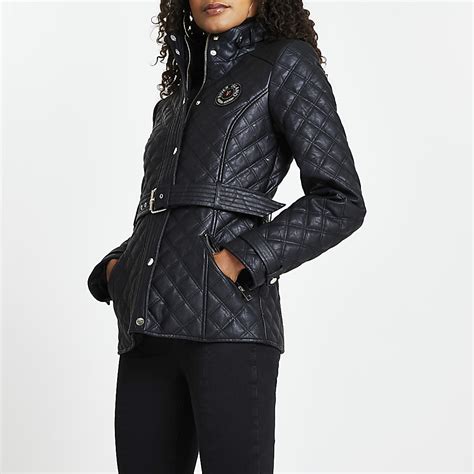 Black Faux Leather Quilted Padded Jacket River Island