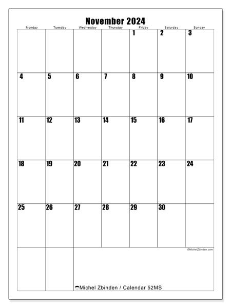 November 2024 Printable Calendar “52ms” Michel Zbinden Bz