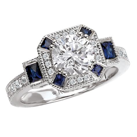 Diamond Sapphire Engagement Ring Antique Style 18k White Gold