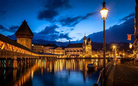 Lucerne Reuss River Nightscapes Street Swiss Cities Wasserturm