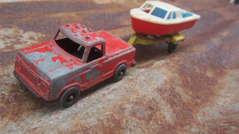Vintage Metal Toy Pickup Truck Red With Boat Trailer Old