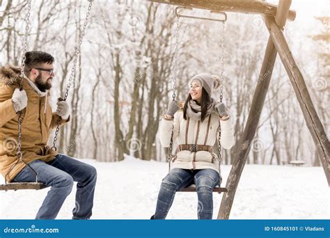 Couple Having Fun On Snowy Winter Day Stock Image Image Of Nature