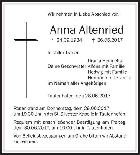Traueranzeigen Von Anna Altenried Schwaebische De Trauerportal
