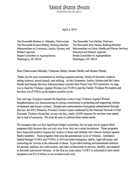 Testers Letter Of Support For Vawa Violence Domestic Violence