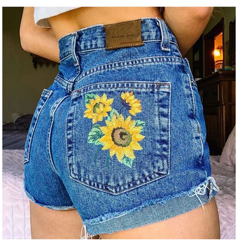 Sunflowers Embroidered Denim Shorts #sunflower #embroidery #jeans Sunflowers Embroidered Denim ...