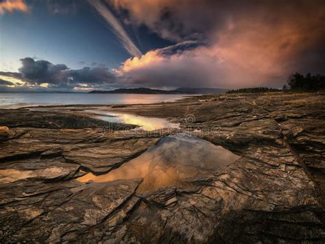 Amazing Sunset Light And Colours By The Shores Of Gjerdavika No Stock