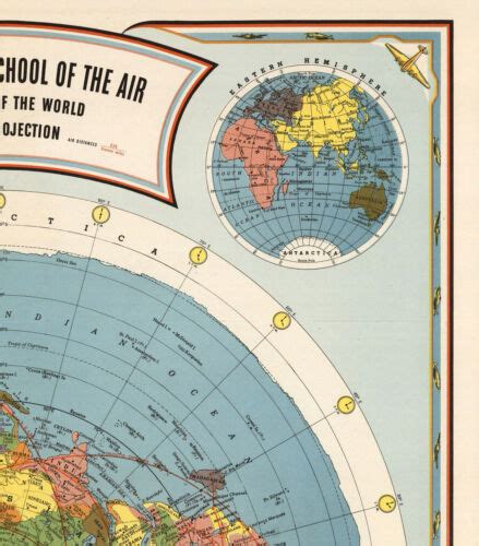 1944 Flat Earth Air Age Map Of The World Wall Art Poster Print Home
