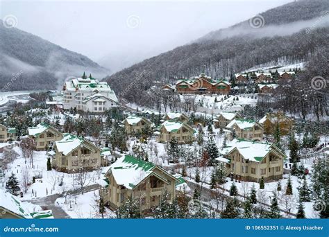 Cozy Houses In Snowy Mountains Krasnaya Polyana Editorial Photo
