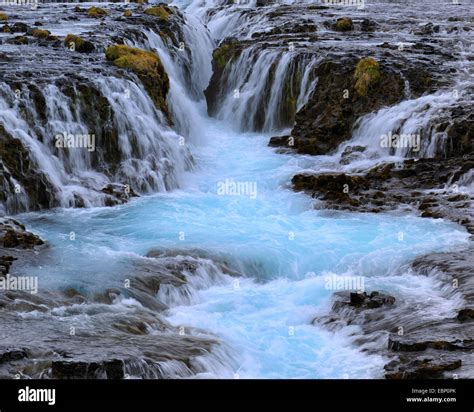 Waterfall And Turquoise River Channel Of Bruar River Iceland Stock