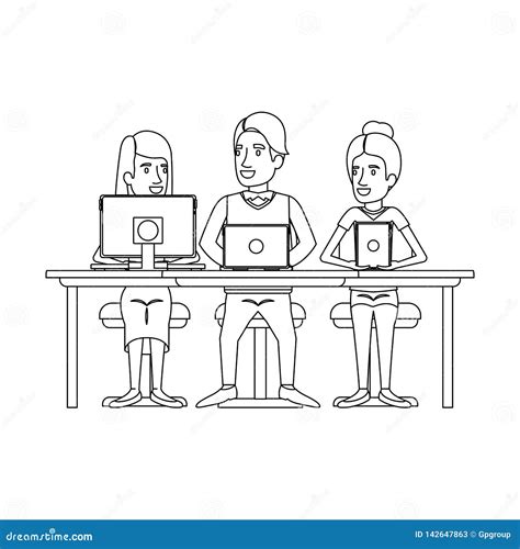 Monochrome Silhouette Of Teamwork Sitting In Desk With Tech Devices