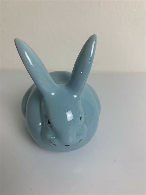 Vintage Glaze Ceramic Blue Bunny Rabbit Cotton Ball Holder Made In