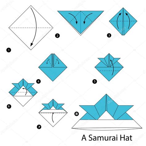 Instruções passo a passo como fazer origami Um chapéu Samurai vetor