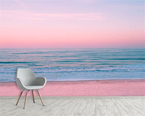 Pink Sea Sunset Aesthetic Wallpaper Beach Wall Mural Peel And Etsy