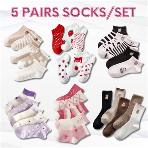 5pairsset Women Plain Color Cute Prints Cat Cow Socks Casual Cotton Short Ankle Socks