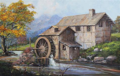 Signed Impressionist Painting Of A Watermill From Brazil The