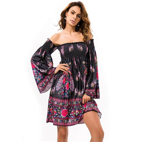 Sexy Boho Dresses For Women Summer Short Off Shoulder Bohemian Retro Floral Print Ethnic Holiday