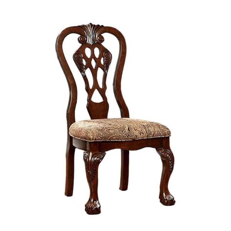 Benjara Elana Traditional Brown Cherry Side Chair With Fabric Set Of 2