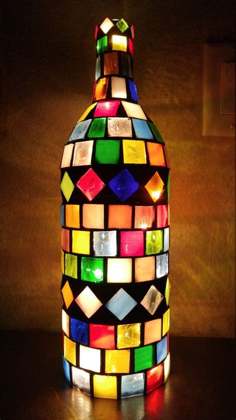 Stained Glass Mosaic Wine Bottle Light Lighted Wine Bottles Glass Bottle Crafts Glass
