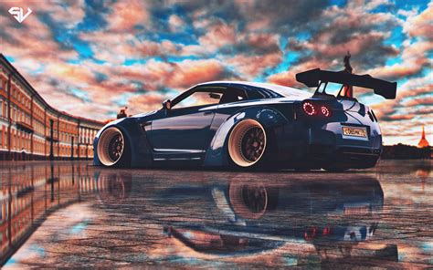 Download Wallpapers Nissan Gt R Tuning R35 Stance Supercars Blue