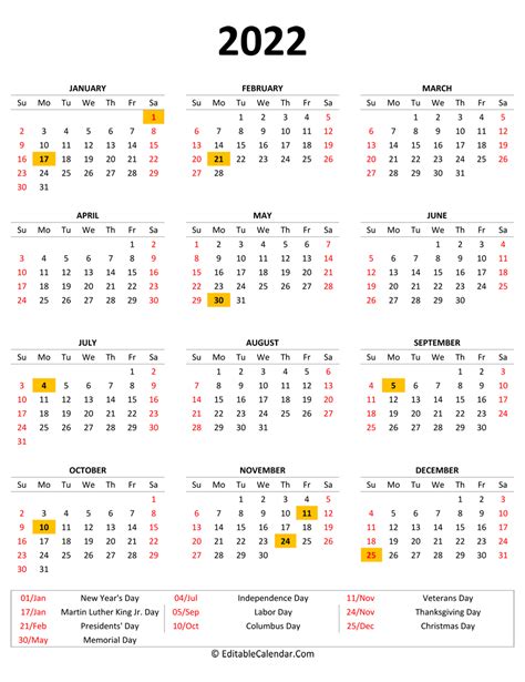 2022 Calendar With Holidays Printable Word Free Download Free