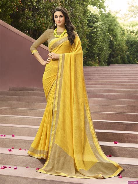 Light Yellow Color Major Georgette Lace Border Saree Fashion Clothes