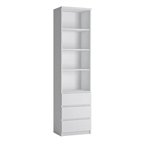 Fribo Tall Narrow Bookcase In White With 3 Drawers Home Supplier