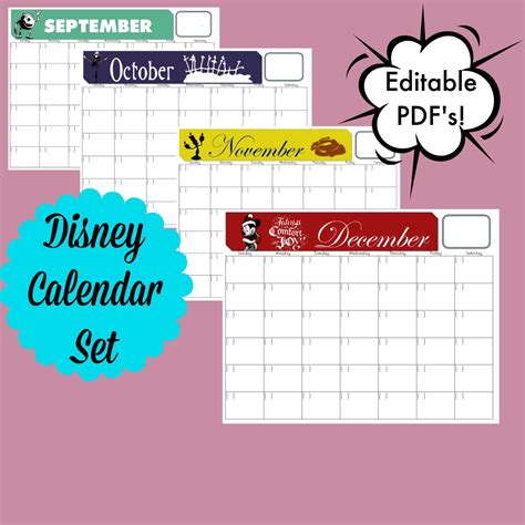 Disney Themed Calendar Set Editable Pdf Calendardisney Etsy