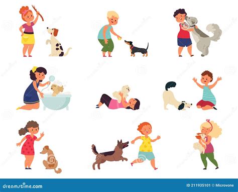 Kids With Dogs Pet Playing Girl Boy Petting Dog Stock Vector