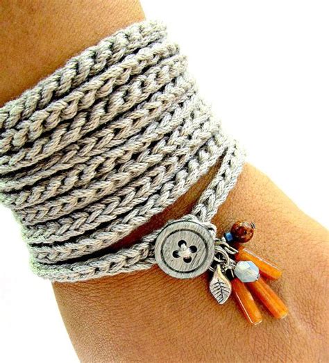 Crochet bracelet with charms, wrap bracelet, silver grey, cuff bracelet