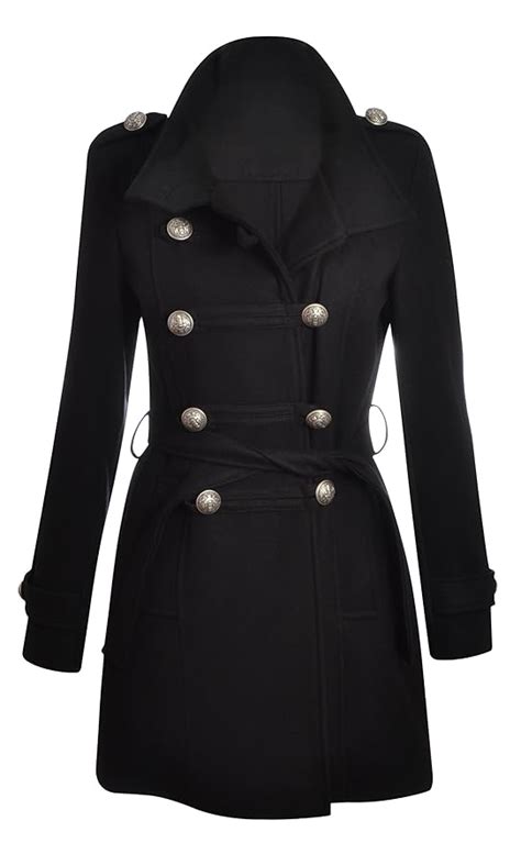 Womens Black Woollen Military Style Coat Xl Uk 14 Uk
