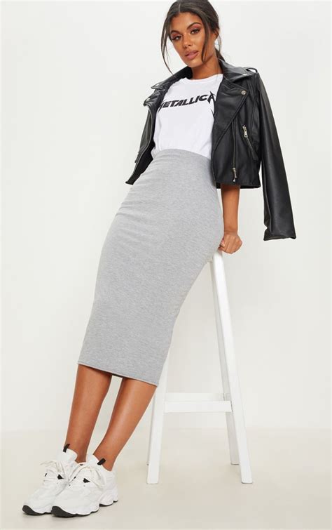 grey marl ultimate jersey longline midi skirt pencil skirt outfits casual skirt and sneakers
