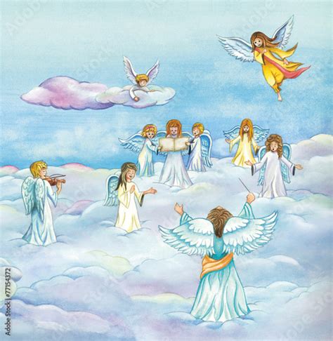 Heavenly Angels Singing Over The Clouds Watercolor Art Stock Photo