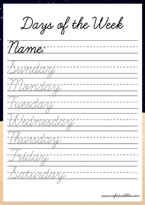 Free 7 Days Of The Week Cursive Handwriting Worksheets 0A3 Cursive