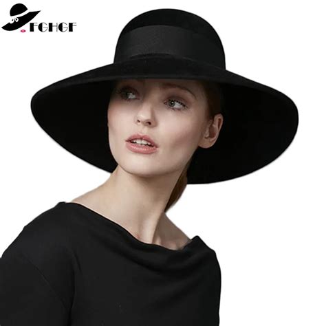Fghgf Women Black Wool Felt Winter Hat 18cm Large Down Brim Floppy Fedoras Grosgrain Ribbon Lady