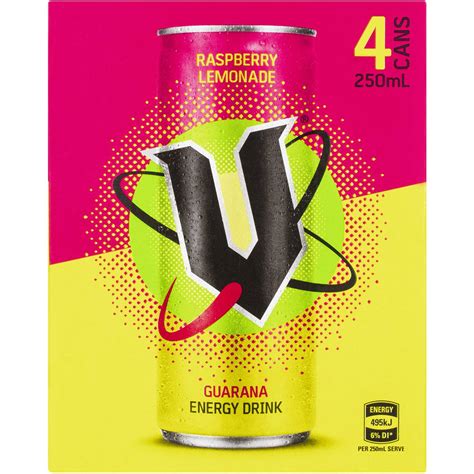 V Energy Raspberry Lemonade Guarana Energy Drink 250mlx 4pack Woolworths