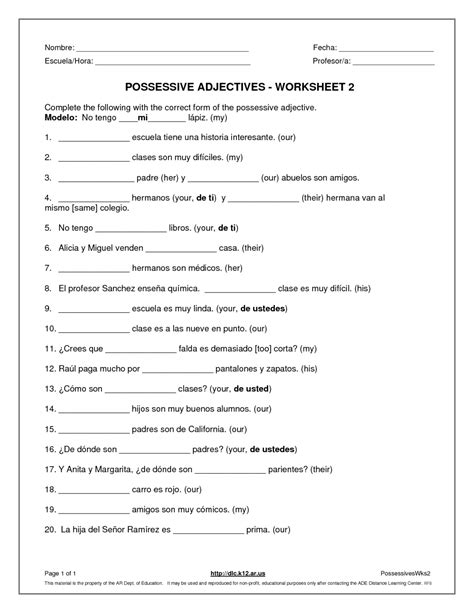Spanish Possessive Adjectives Worksheet Pdf Adjectiveworksheets Net