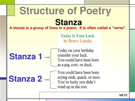 More specifically, a stanza usually is a group of lines arranged . Poetry and Stanzas - reading