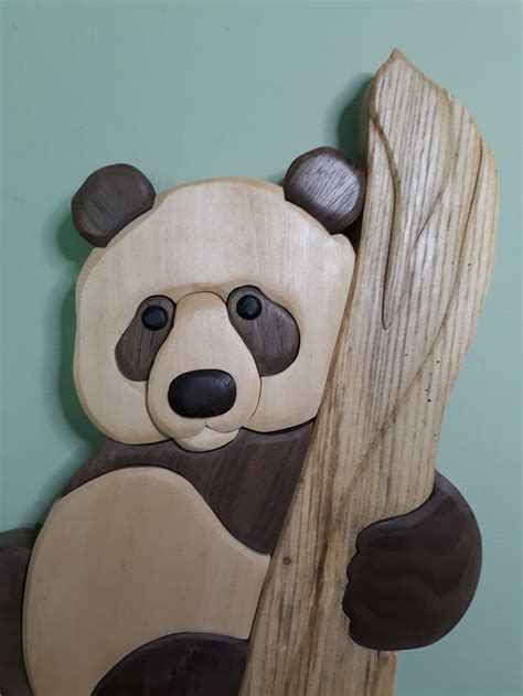 Panda In A Tree Wood Intarsia Wall Hanging Handcrafted Scroll Etsy
