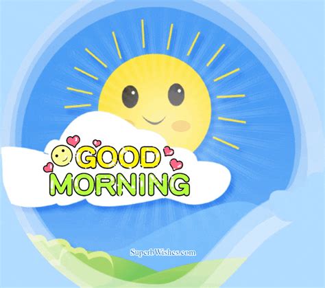 The Words Good Morning Are In Front Of A Blue Sky With Clouds And
