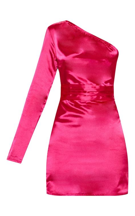 Hot Pink Satin Shoulder Bodycon Dress Prettylittlething