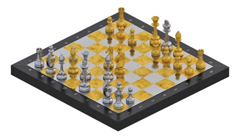 Chess Board With Gold And Silver Chess Pieces Isolated Over The White