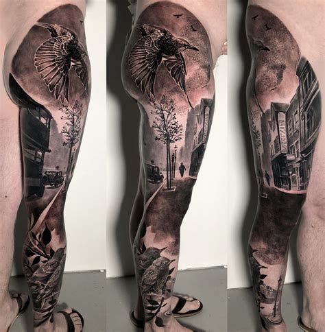 Black And Grey Realistic Full Leg Tattoo Of A Starling Murmuration