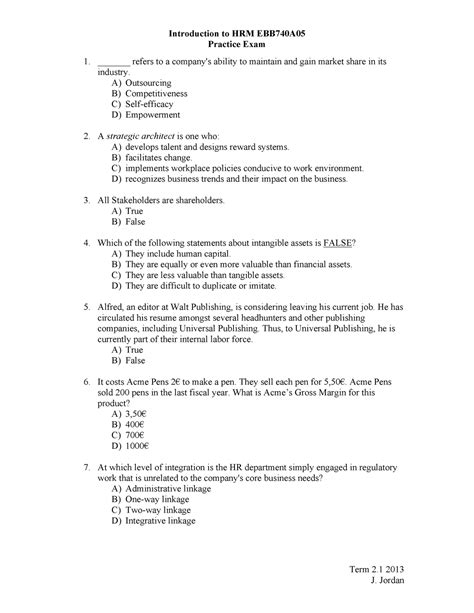 Samplepractice Exam 2013 Questions Human Resource Management For Be
