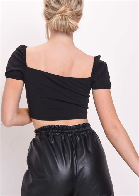 Lace Up Front Square Neck Milkmaid Crop Top Black Lily Lulu