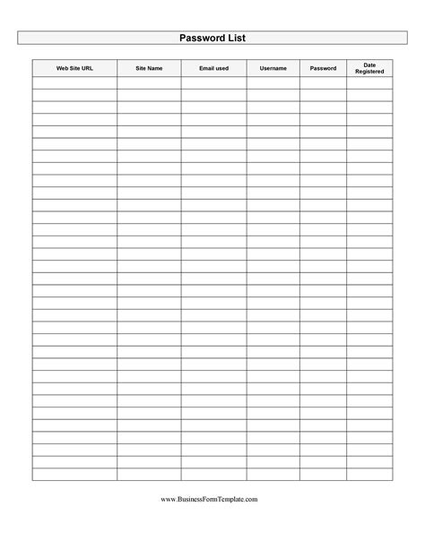 Printable Password List Template Excel Free Samples