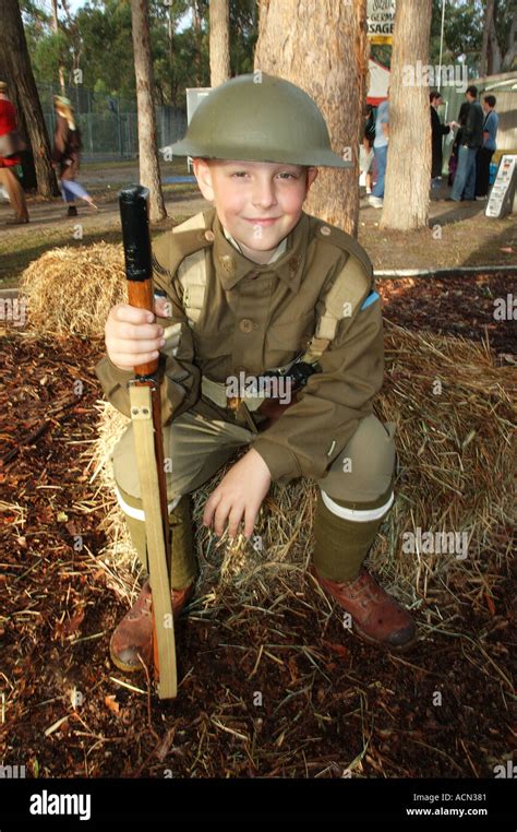 Young Boy Poses As Little Australian Digger Ww1 Dsc 1301 Stock Photo