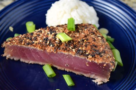 Tuna steaks grill particularly well because the flesh is firm, dense and meaty and won't fall apart on the grill. Spicy Rubbed Ahi Tuna Steak - Chef Times Two