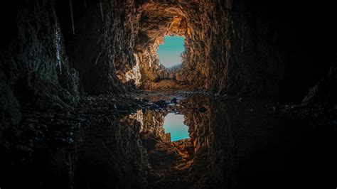 Cave 4k Wallpaper Tunnel Reflection Water Symmetrical Rock