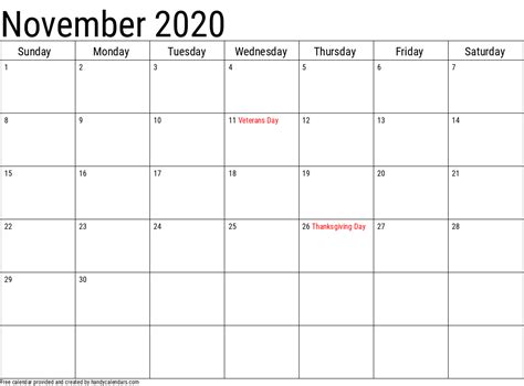 November 2020 Printable Calendar Vlrengbr